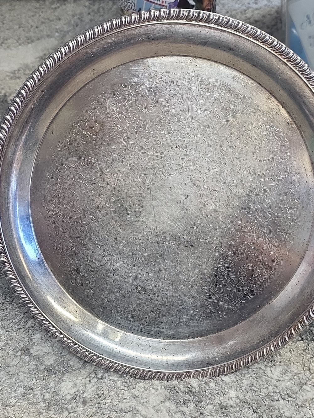 Vintage Victorian Silverplate Round Serving Tray Floral Etched Rope Edge